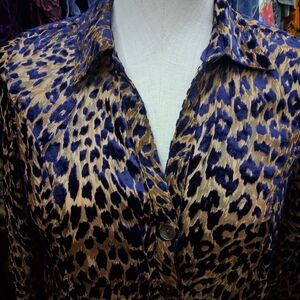 Soft Surroundings Leopard Print Satin Jacket in Blue and Tan